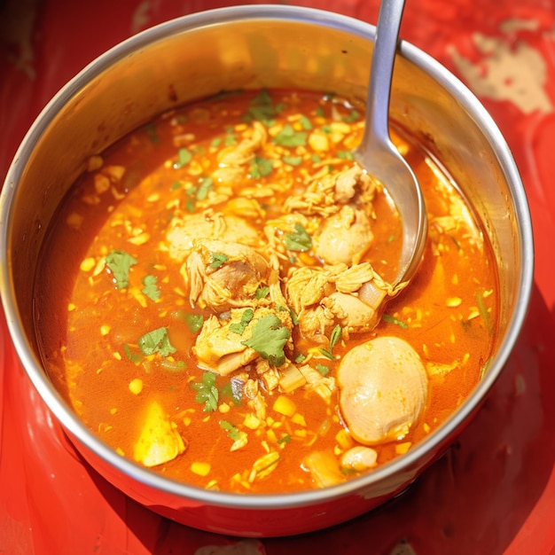 El curry de pollo picante al estilo musulmán en un fondo rojo vibrante para las redes sociales