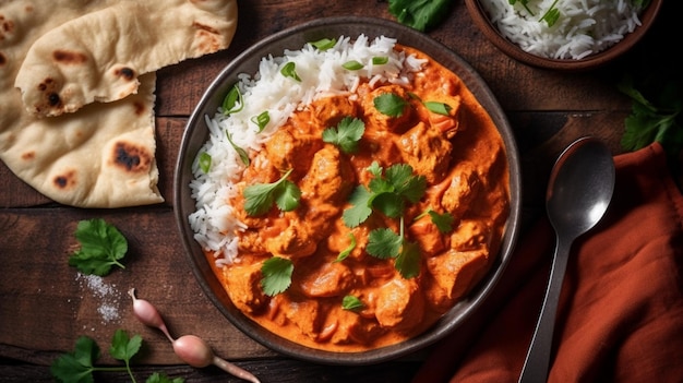 Curry de pollo tikka masala con arroz y pan naan