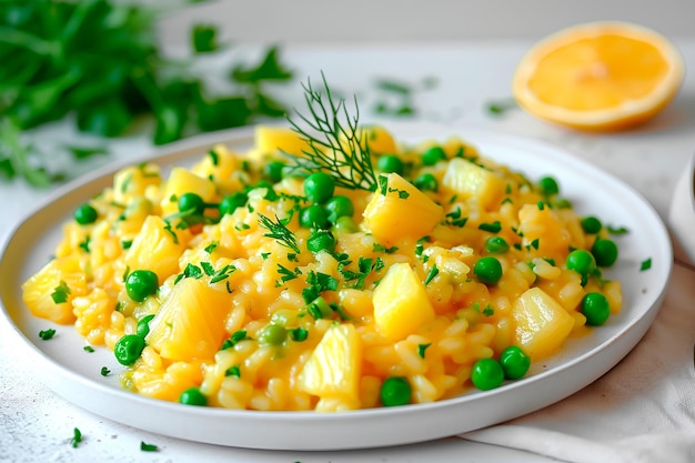 Curry-Risotto mit Erbsen und Ananasstücken auf einer weißen Arbeitsplatte