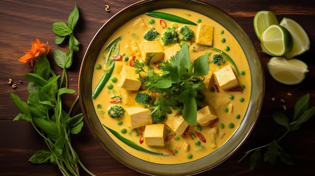 Curry tailandés amarillo de tofu servido en un cuenco