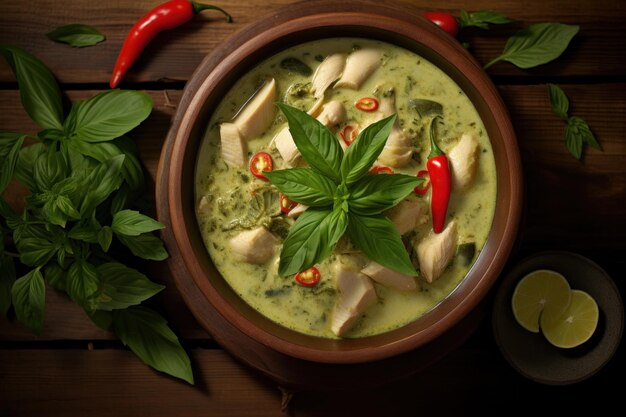 Foto curry verde colocado em uma mesa de madeira