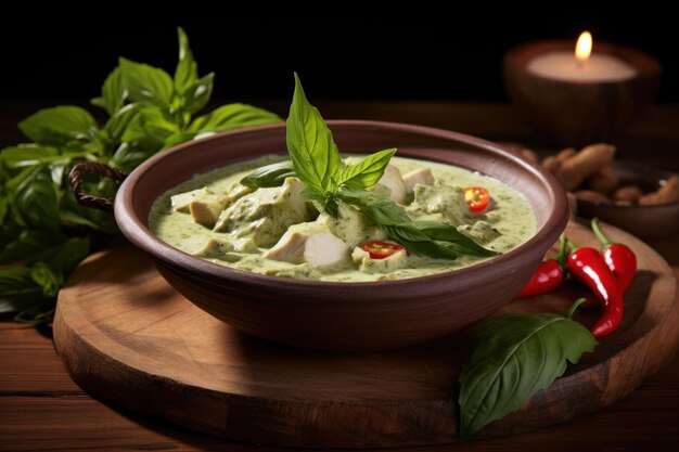 Foto curry verde colocado en una mesa de madera