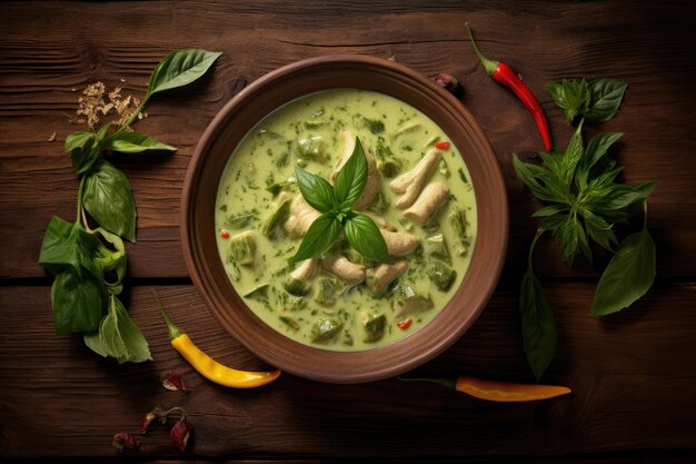 Foto curry verde colocado en una mesa de madera