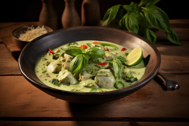 Foto curry verde colocado en una mesa de madera