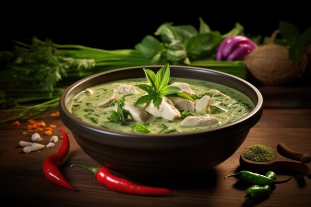 Foto curry verde colocado en una mesa de madera