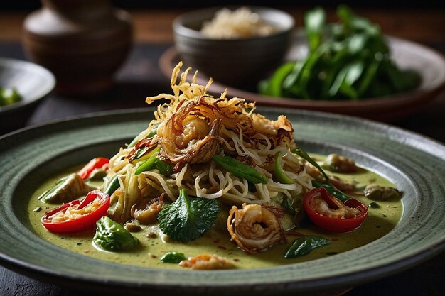 Foto curry verde com um lado de alface frita crocante