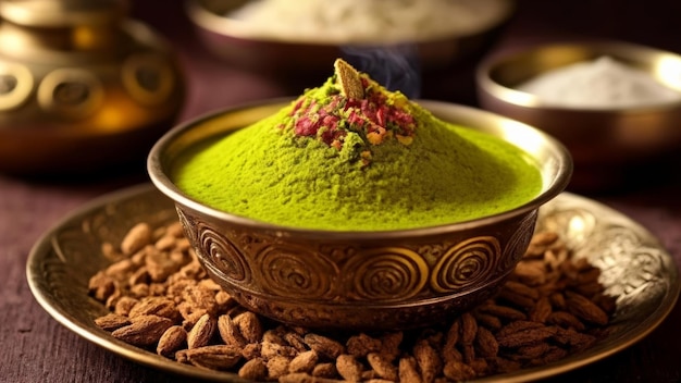 Curry verde deliciosamente vibrante em uma tigela tradicional
