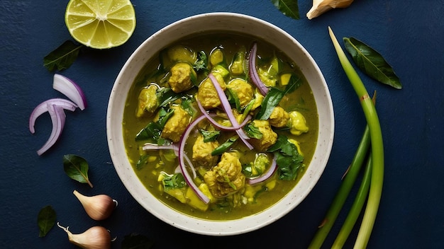 Foto curry verde em uma tigela com limão cebola vermelha limão grama alho e folhas de limão kaffir