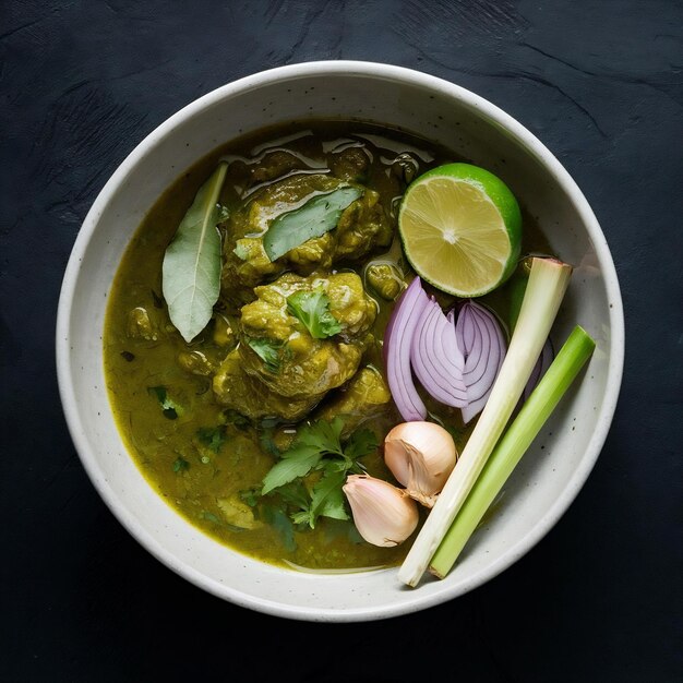 Foto curry verde em uma tigela com limão cebola vermelha limão grama alho e folhas de limão kaffir