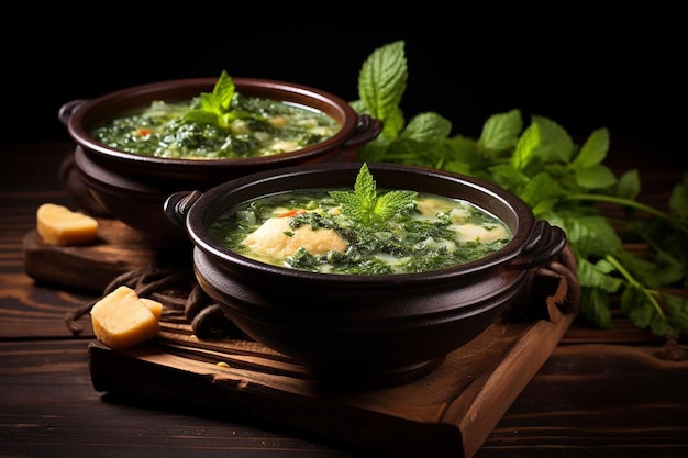 Curry verde con huevos en tazas negras