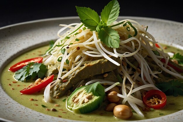 Curry verde tailandês com um lado de brotos de feijão crocantes