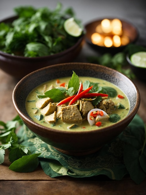 Foto curry verde tailandés con pollo, leche de coco enlatada, hierbas frescas y lima fotografía cinematográfica de comida