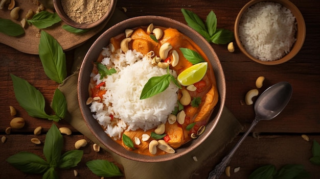 Curry vermelho de frango e caju com arroz e ervas