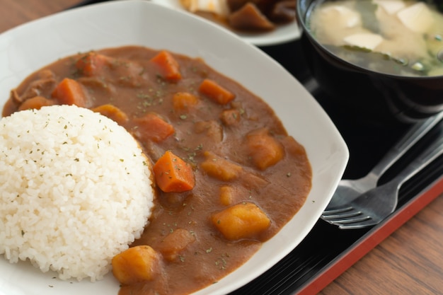 Curryreis, japanisches Lebensmittel auf Holztisch