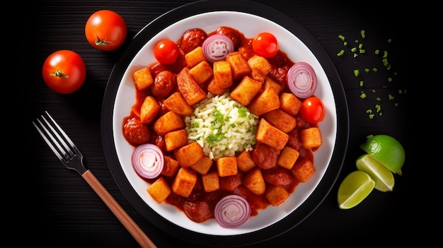 Foto currywurst alemán tradicional servido con patatas fritas