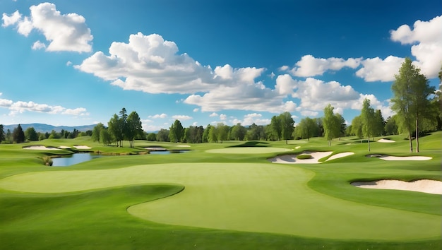 Foto curso de golf con hierba verde vibrante perfectamente cuidada