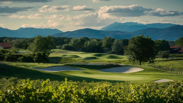 Foto curso de golf de zlati gric en eslovenia con viñedos y árboles en un día soleado