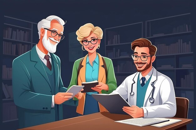 Curso de laboratorio ilustraciones vectoriales de dibujos animados aislados Profesor supervisando la investigación de una joven colega médica y aconsejándola en el laboratorio