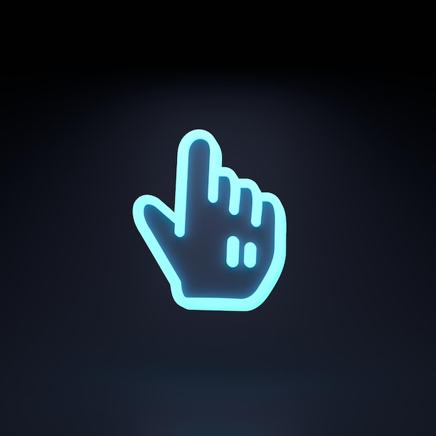 Foto cursor de ícone de mão de néon na ilustração de renderização 3d de fundo preto
