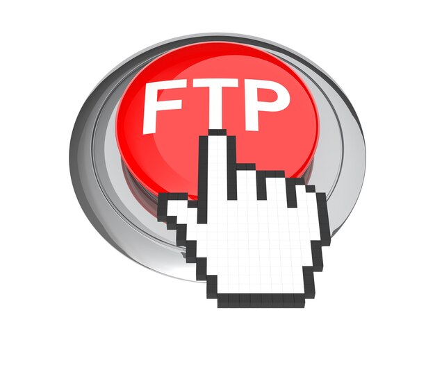 Cursor do mouse de mão no botão vermelho de FTP. Ilustração 3D.