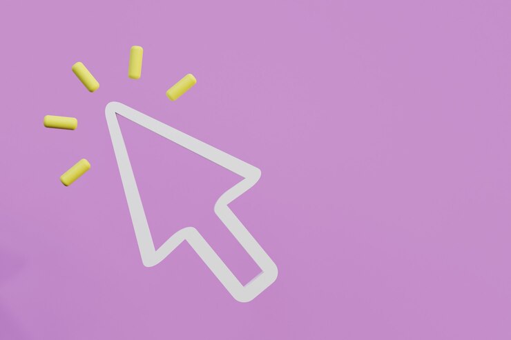Foto cursor mínimo o símbolo de flecha del mouse sobre fondo rosa, haga clic en la ilustración de procesamiento 3d