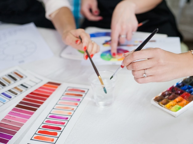 Cursos de maquiagem. Foto recortada de senhoras estudando cores, usando a paleta de batom, tintas e pincéis.