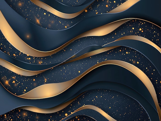Curva abstrata sobreposta em fundo azul escuro com brilho e linhas douradas pontos brilhantes combinações douradas luxo e design elegante