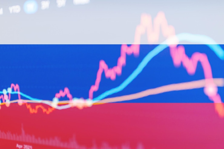 Foto curva de finanzas de crisis fondo de la bandera de rusia concepto de crisis de marketing de inversión fondo de imagen borrosa