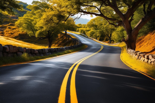 Curva de la naturaleza Carretera de campo con línea amarilla flanqueada por árboles