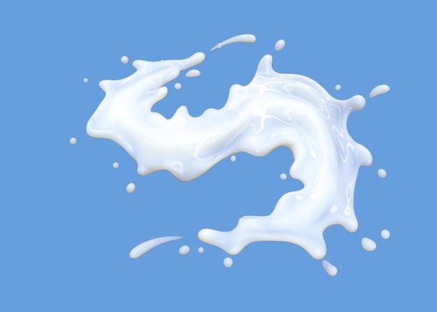 La curva de salpicaduras de leche se aísla sobre un fondo azul Salpicaduras líquidas 3D Render