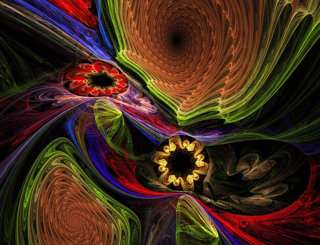 Curvas e linhas redondas abstratas coloridas do Fractal no fundo preto
