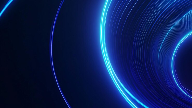 Curvas de luz de neón azul dinámico que crean un efecto de túnel futurista en un espacio oscuro