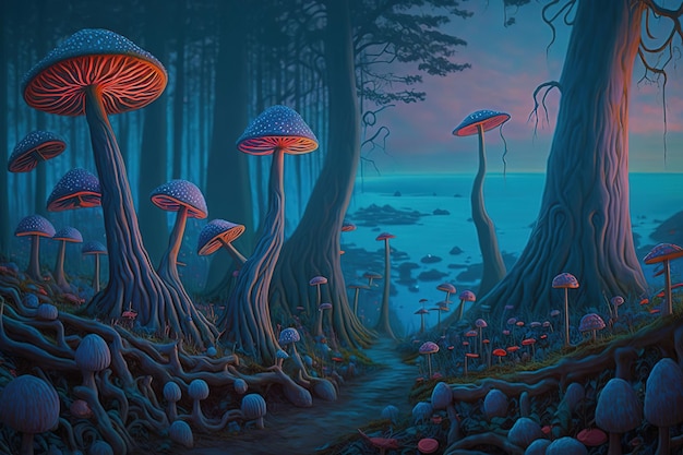 Curvas místicas rodeadas de troncos de árboles desnudos en el bosque nocturno IA generativa