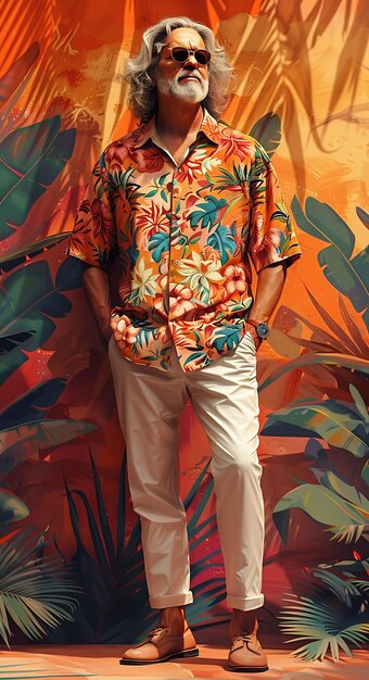 Curvy Mann im mittleren Alter Modell mit Retro-Hawaiian Shirt Fashi Trendy Vintage Kleidung Foto Collectiono