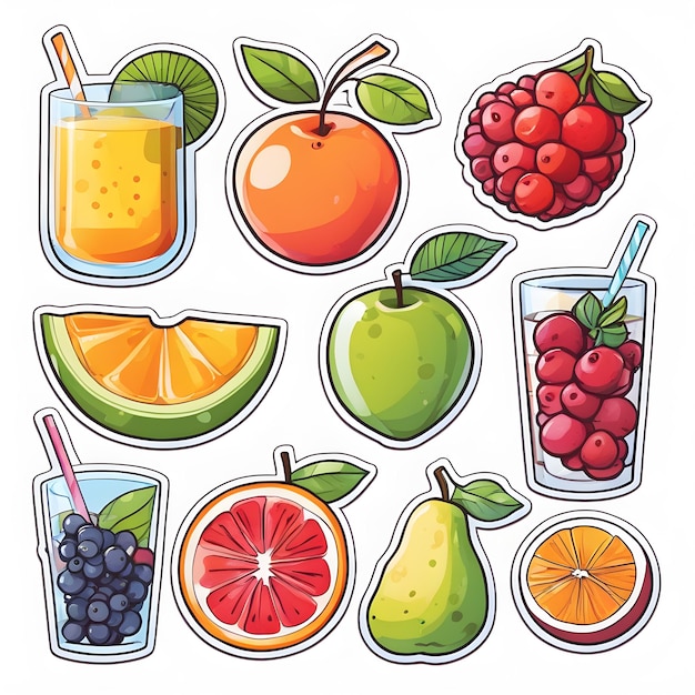 Cute, 2d, fruta misturada, adesivos, vetorial, ilustração