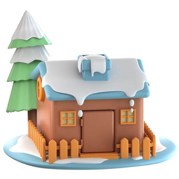 Cute 3D Cartoon Winter Cabin with Snow and Christmas Tree