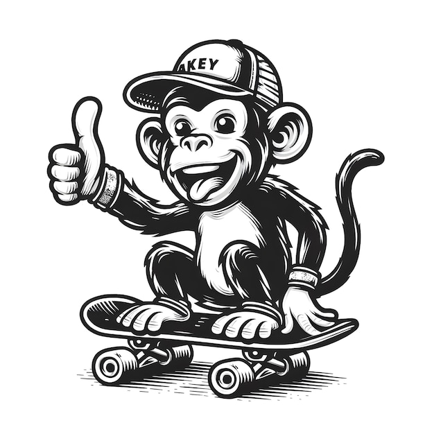 Foto cute affen spielen skateboard zeichentrickfilm illustration