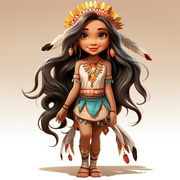 Cute American Indian Native Girl Ilustração de Personagem 3D