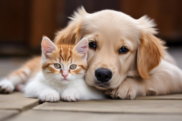 Cute animal de estimação sentado juntos e Close Up retrato em belo gato e cão