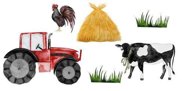 Cute animal de fazenda e tractor conjunto de mão desenhado vaca galo palha e tractor vermelho em branco isolado