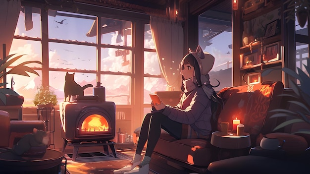 Foto cute anime estilo manga lofi girl aconchegante inverno desenho de ilustração de fundo