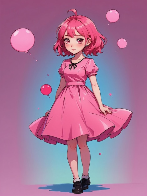 Foto cute anime girl em vestido rosa ilustração de moda padrão de fundo