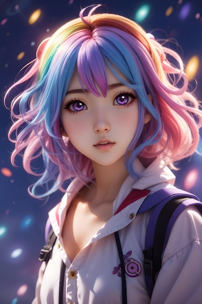 Cute Anime Girl with Rainbow Hair Rainbow Colorful Anime Beautiful Anime Girl Cute Anime Girl Anime Girl AI Generative