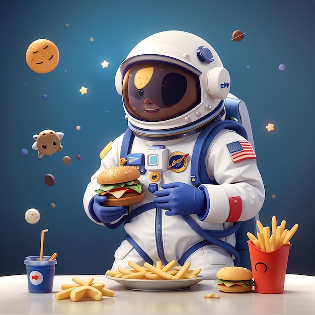 Cute Astronaut isst Burger mit Pommes Frites Cartoon Vector Icon Illustration Science Food Icon Concept Isolated Premium Vector Flat Cartoon Style