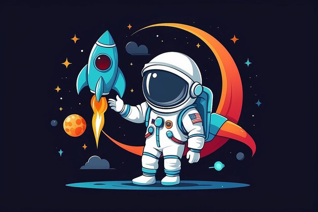 Foto cute astronaut respect rocket flag cartoon vector icon ilustração ciência tecnologia icon conceito vector premium isolado