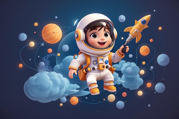 Cute Astronaut schwebt mit Rakete im Weltraum Cartoon Vector Icon Illustration Wissenschaft Technologie Icon Concept Isolated Premium Vector Flat Cartoon Style