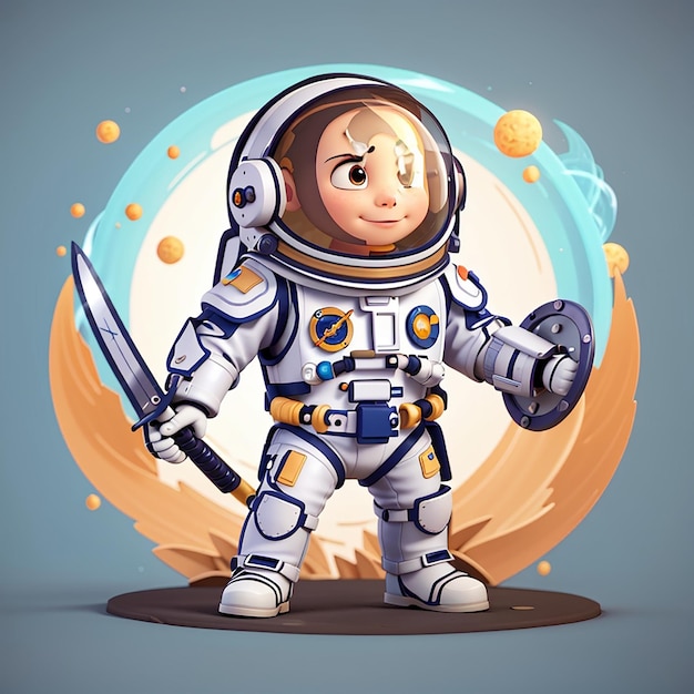 Cute astronauta guerreiro segurando espada e escudo desenho animado ícone vetorial ilustração ciência tecnologia