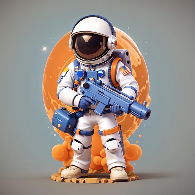 Cute astronauta soldado segurando arma espacial pistola desenho animado ícone vetorial ilustração ciência tecnologia