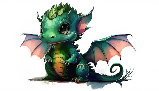 Cute Baby Green Dragon sitzt isoliert auf weißer generativer KI