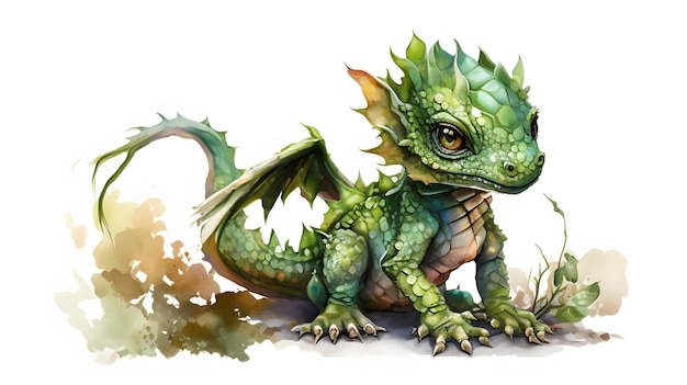 Cute Baby Green Dragon sitzt isoliert auf weißer generativer KI